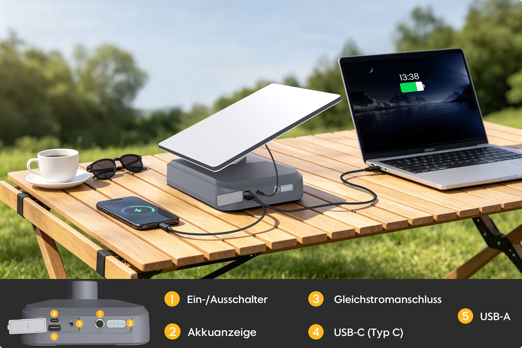 Neben dem speziellen DC-Ausgang für Ihr Starlink Mini ist Elvis Power mit einem zusätzlichen USB-A-Anschluss und einem ultraschnellen 100W Typ-C-Anschluss ausgestattet. Egal, ob Sie Ihr Smartphone oder Tablet aufladen oder einen Laptop für das mobile Arbeiten mit Strom versorgen müssen – dieser Akku erledigt alles. Er dient gleichzeitig als universelle Powerstation und macht das Mitführen zusätzlicher, schwerer Powerbanks auf Ihren Reisen überflüssig.